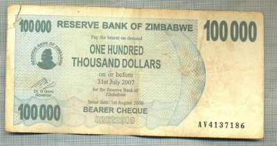 A1613 BANCNOTA-ZIMBABWE- 100 000 DOLLARS -2006-SERIA 4137186-starea care se vede foto