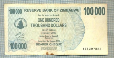 A1641 BANCNOTA-ZIMBABWE- 100 000 DOLLARS -2006-SERIA 1307883-starea care se vede foto