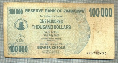 A1616 BANCNOTA-ZIMBABWE- 100 000 DOLLARS -2006-SERIA 0775694-starea care se vede foto