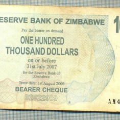 A1619 BANCNOTA-ZIMBABWE- 100 000 DOLLARS -2006-SERIA 4440927-starea care se vede