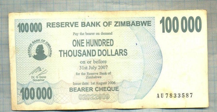 A1654 BANCNOTA-ZIMBABWE- 100 000 DOLLARS -2006-SERIA 7833587-starea care se vede