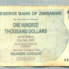 A1644 BANCNOTA-ZIMBABWE- 100 000 DOLLARS -2006-SERIA 8681976-starea care se vede