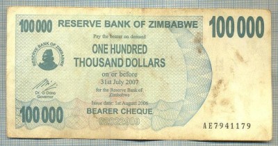 A1614 BANCNOTA-ZIMBABWE- 100 000 DOLLARS -2006-SERIA 7941179-starea care se vede foto