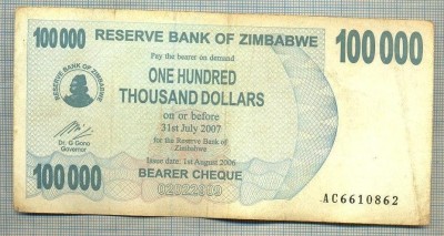 A1615 BANCNOTA-ZIMBABWE- 100 000 DOLLARS -2006-SERIA 6610862-starea care se vede foto