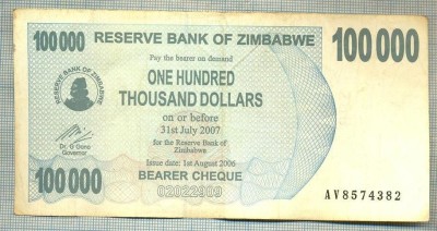 A1610 BANCNOTA-ZIMBABWE- 100 000 DOLLARS -2006-SERIA 8574382-starea care se vede foto