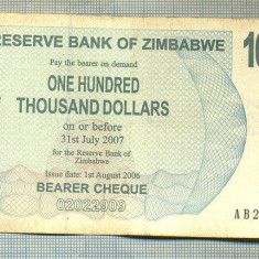 A1649 BANCNOTA-ZIMBABWE- 100 000 DOLLARS -2006-SERIA 2917024-starea care se vede