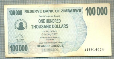 A1669 BANCNOTA-ZIMBABWE- 100 000 DOLLARS -2006-SERIA 5914024-starea care se vede foto