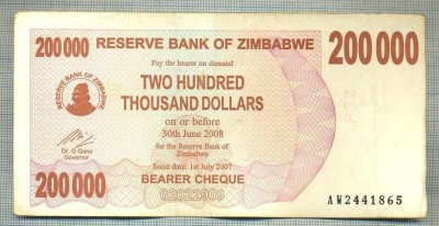 A1690 BANCNOTA-ZIMBABWE- 200 000 DOLLARS -2007-SERIA 2441865-starea care se vede foto