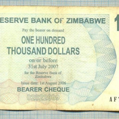 A1605 BANCNOTA-ZIMBABWE- 100 000 DOLLARS -2006-SERIA 7661181-starea care se vede