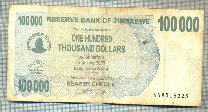 A1628 BANCNOTA-ZIMBABWE- 100 000 DOLLARS -2006-SERIA 8518225-starea care se vede