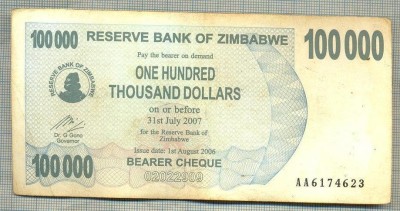 A1621 BANCNOTA-ZIMBABWE- 100 000 DOLLARS -2006-SERIA 6174623-starea care se vede foto