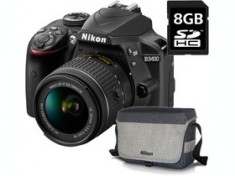 Kit Aparat foto Nikon D3400 (obiectiv AF-P 18-55 VR) + geanta Nikon + card 8GB SD, 3 ani garantie body foto