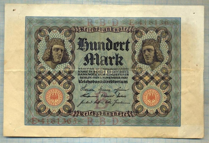 A1717 BANCNOTA-GERMANIA- 100 MARK -1.11.1920-SERIA4161365 -starea care se vede