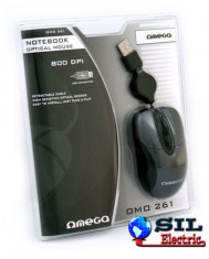 Mini mouse optic USB cu cablu retractabil gri, Omega foto
