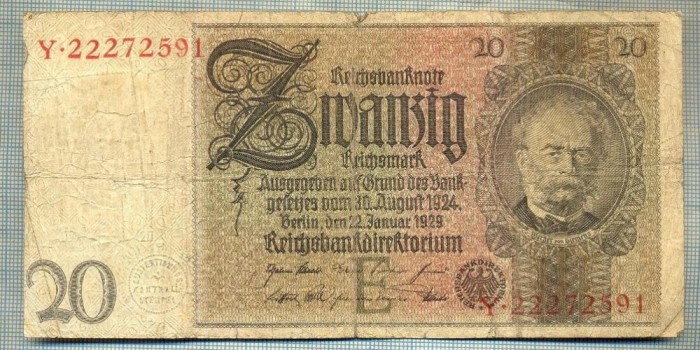 A1730 BANCNOTA-GERMANIA- 20 MARK -22.1.1929-SERIA22272591 -starea care se vede