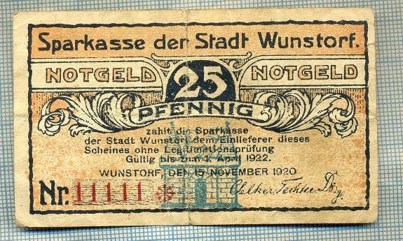 A1851BANCNOTA-NOTGELD-GERMANIA-25 PFENNIG-15.11.1920 -SERIA11111-starea se vede