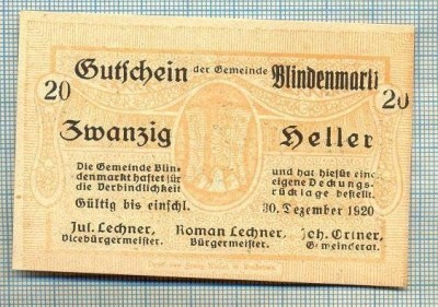 A2167 BANCNOTA NOTGELD- AUSTRIA 20 HELLER -1920-SERIA FARA-starea care se vede foto