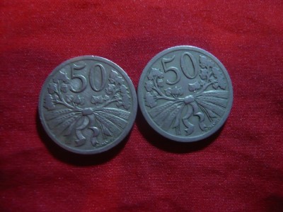2 Monede 50 halleri 1922 si 1924 Cehoslovacia ,Cu-Ni , cal.F.Buna foto