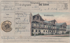 BAD DORNA VATRA DORNEI TELEGRAMA- CARTE POSTALA WALDPARKHOTEL CIRCULATA 1908 foto