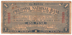 SV * Filipine 1 PISO / Philippine ONE PESO 1941 * WWII Emergency Note foto