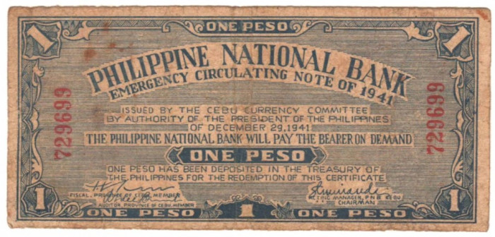 SV * Filipine 1 PISO / Philippine ONE PESO 1941 * WWII Emergency Note