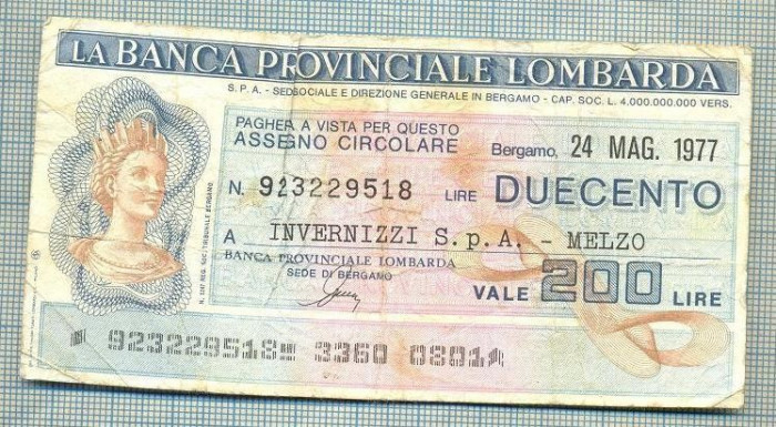 A2237 ASIGNAT BILET BANCA PROVINCIALE LOMBARDA-ITALIA- 200 LIRE-starea cese vede