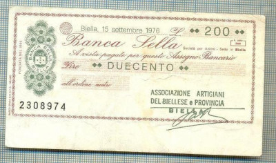 A2226 ASIGNAT BILET BANCA SELLA -BIELLA -ITALIA - 200 LIRE-starea cese vede foto