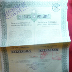 Actiune Astra Romana ,valoare 500 lei 1925 ,vandut ultima oara 1946