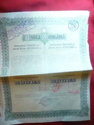 Actiune Astra Romana ,valoare 500 lei 1925 ,vandut ultima oara 1946 foto