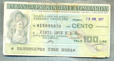 A2235 ASIGNAT BILET BANCA PROVINCIALE LOMBARDA-ITALIA- 100 LIRE-starea cese vede foto