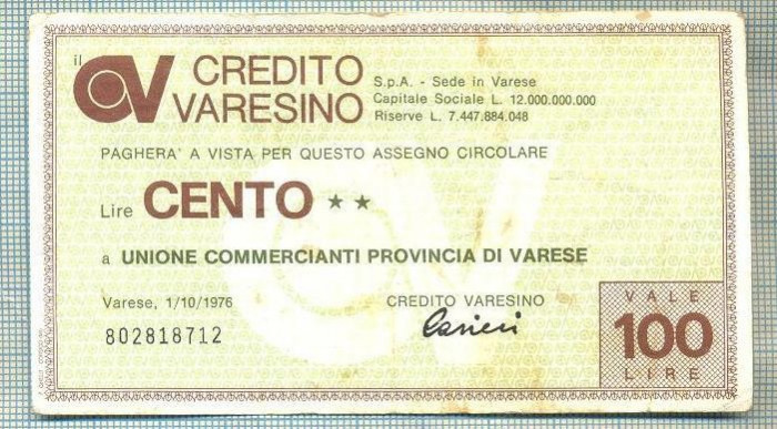 A2262 ASIGNAT BILET BANCA CREDITO VARESINO -100 LIRE-starea cese vede