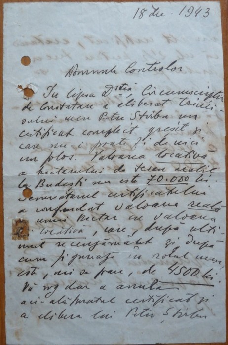 Scrisoare a lui Constantin George Manu, diplomat din familie de boieri, 1943