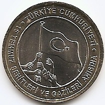 Turcia 1 Lira 2016 - (In memory martyrs and veterans) 26.15 mm KM-New UNC !!! foto