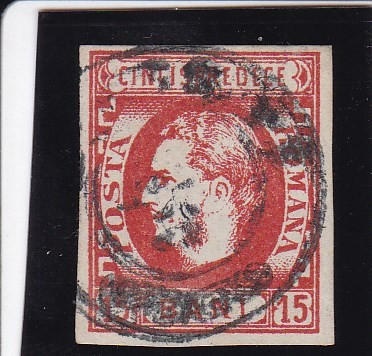 ROMANIA 1869 LP 27 CAROL I CU FAVORITI VAL. 15 BANI ROSU STAMPILAT