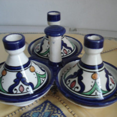 Tajina/tagina tripla pentru condimente - Albastru de Fes - Maroc