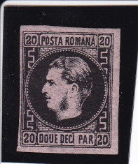 ROMANIA 1867 , CAROL I CU FAVORITI HARTIE SUBTIRE VAL. 20 PARALE NEGRU/ROZ foto