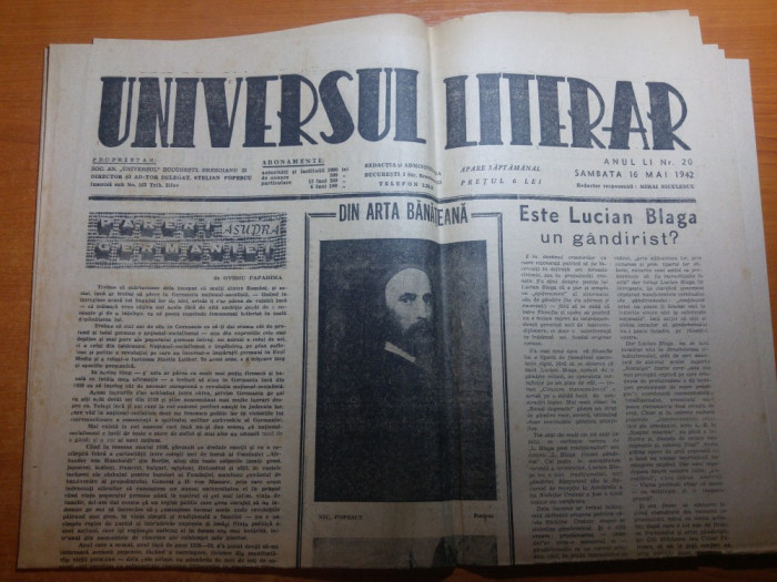 ziarul universul literar 16 mai 1942-articol despre lucian blaga
