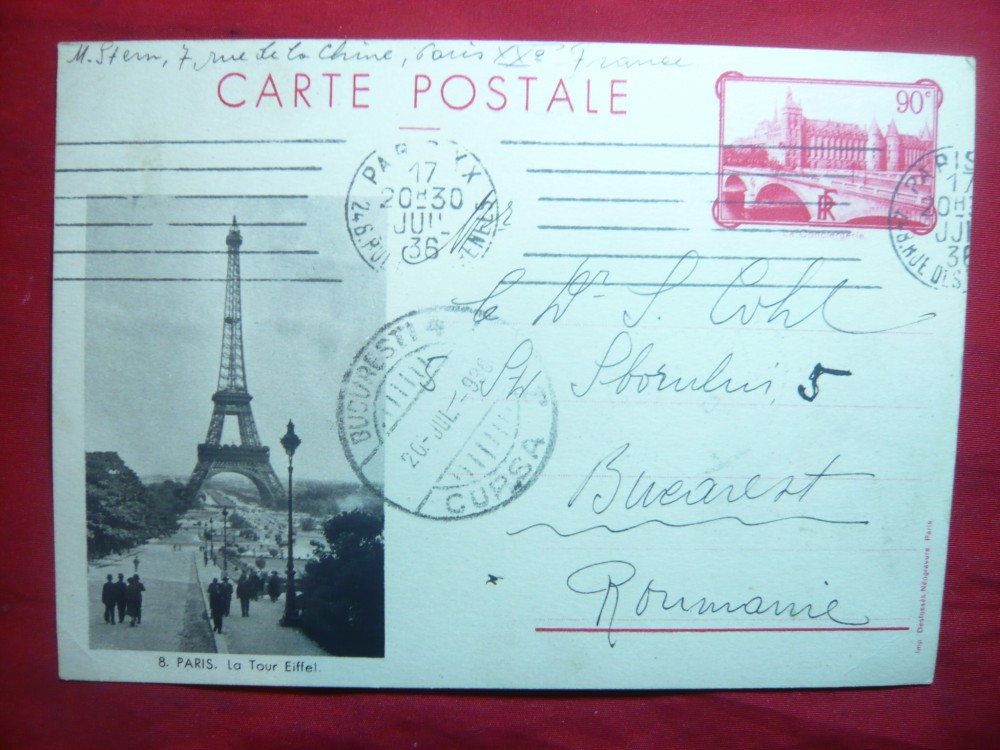 Carte Postala - Franta -Paris -Turnul Effel ,timbru 90C rosu marca fixa  1935, Circulata, Printata | Okazii.ro