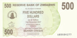 Bancnota Zimbabwe 500 Dolari 2006 - P43 UNC