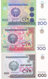 Bancnota Uzbekistan 200, 500 si 1.000 Sum 1997-01 - P80-82 UNC (set 3 bancnote)