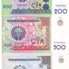 Bancnota Uzbekistan 200, 500 si 1.000 Sum 1997-01 - P80-82 UNC (set 3 bancnote)