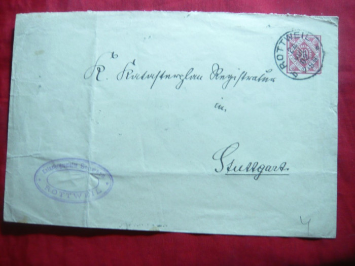 Plic circ. marca fixa 10 pf.rosu Wurtemberg 1902,stamp. Rotweil