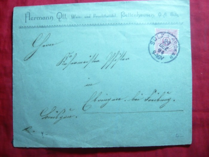 Plic circ. 10 pf. rosu Wurtemberg 1894, Antet Hermann Qll Bellenhausen