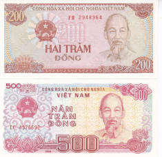Bancnota Vietnam 200 si 500 Dong 1988 - P100-101 UNC ( set 2 bancnote ) foto