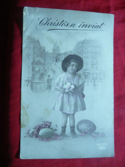 Felicitare de Paste - Copil si Oua , circulat 1926