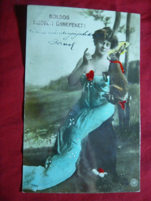 Ilustrata Pasti- Femeie si Iepure circulat 1906 Teius-Comuna Recas ,sat Dopca foto