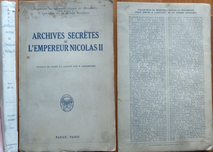 Lazarevici , Arhivele secrete ale Imparatului Nicolai II al Rusiei , Payot ,1928