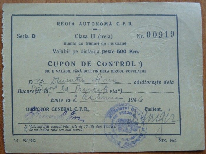 Regia Autonoma CFR, Cupon de control; Clasa a III - a persoane, 1946