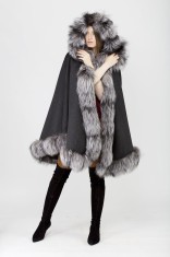 Poncho Capa Cashmere 100% Blana Naturala Vulpe Argintie One Size Gri foto
