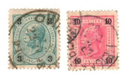 SV * Austria (LOT 2 TIMBRE STAMPILATE) 3 KREUZER + 10 HELLER Franz Joseph foto
